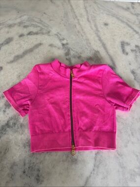 Daisy Hot Pink Ribbed Zip-Front Crop Top